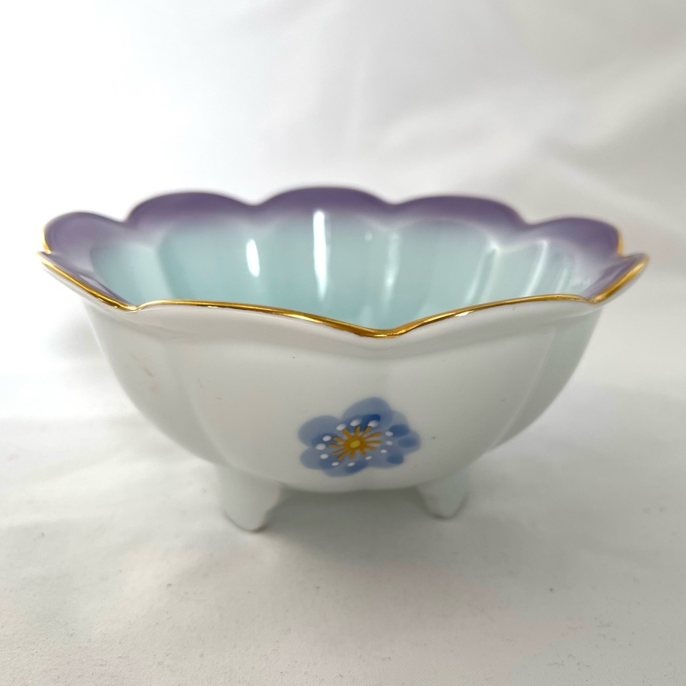 Japanese Flower Shaped Ceramic Dish Turquoise Celadon Glaze Small Bowl